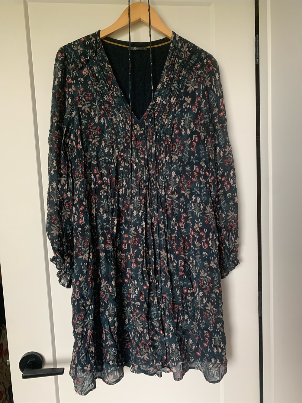 Dark Teal Floral V-Neck Loose Blouse Babydoll Dress - M/L
